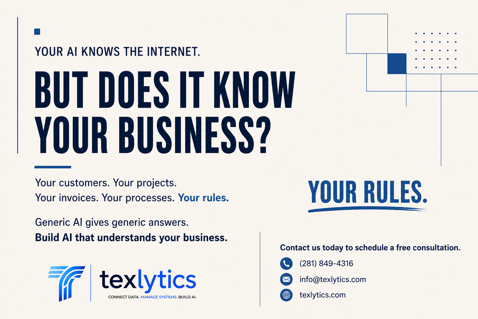 texlytics Build AI ad asking “Your AI knows the internet, but does it know your business?” and emphasizing AI built around your data, processes, and rules.