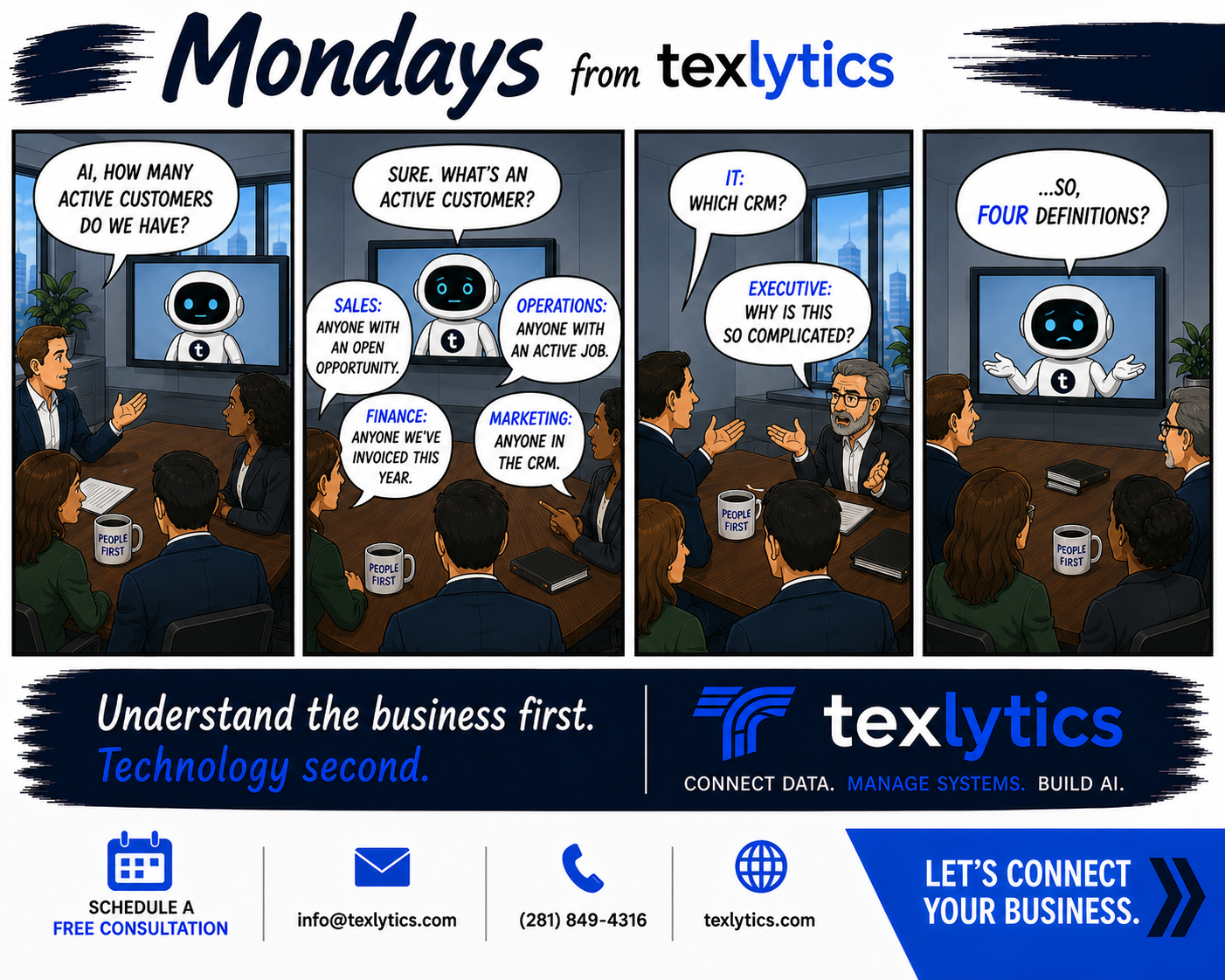 Mondays from texlytics comic showing four departments with different definitions of an active customer, illustrating why businesses need shared definitions before applying AI.