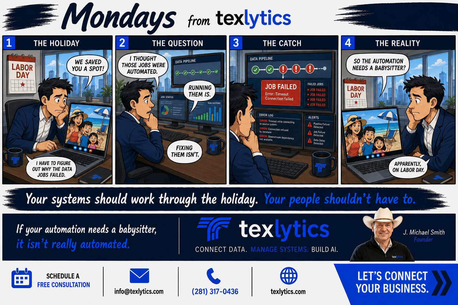Mondays from texlytics cartoon showing a data engineer troubleshooting failed automated data jobs on Labor Day while his family waits at the beach.