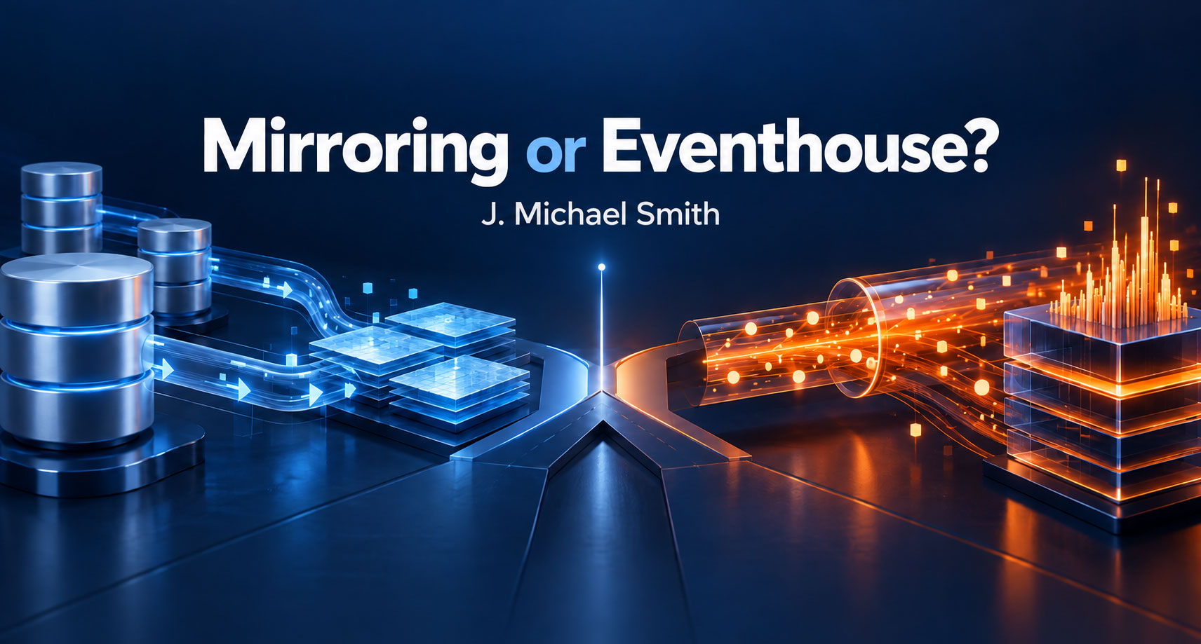 A split blue-and-orange technology illustration comparing Microsoft Fabric Mirroring and Eventhouse. Blue database cylinders and data pipelines appear on the left, while orange event streams flow into a stacked analytics platform on the right. Centered text reads “Mirroring or Eventhouse?” with “J. Michael Smith” below.